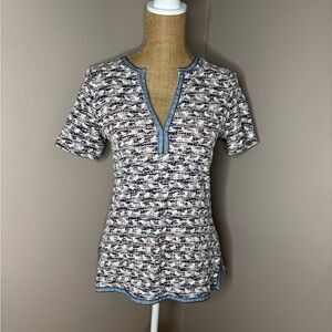 Tory Burch Women's Size S Embroidered Trim Front, Stripe Back V-Neck Blouse Top